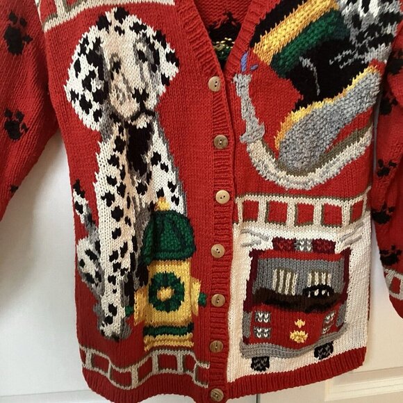 Vintage Feeling Handknit Cardigan Womens S Dalmation Firetruck Sweater Red Ramie - Picture 4 of 7
